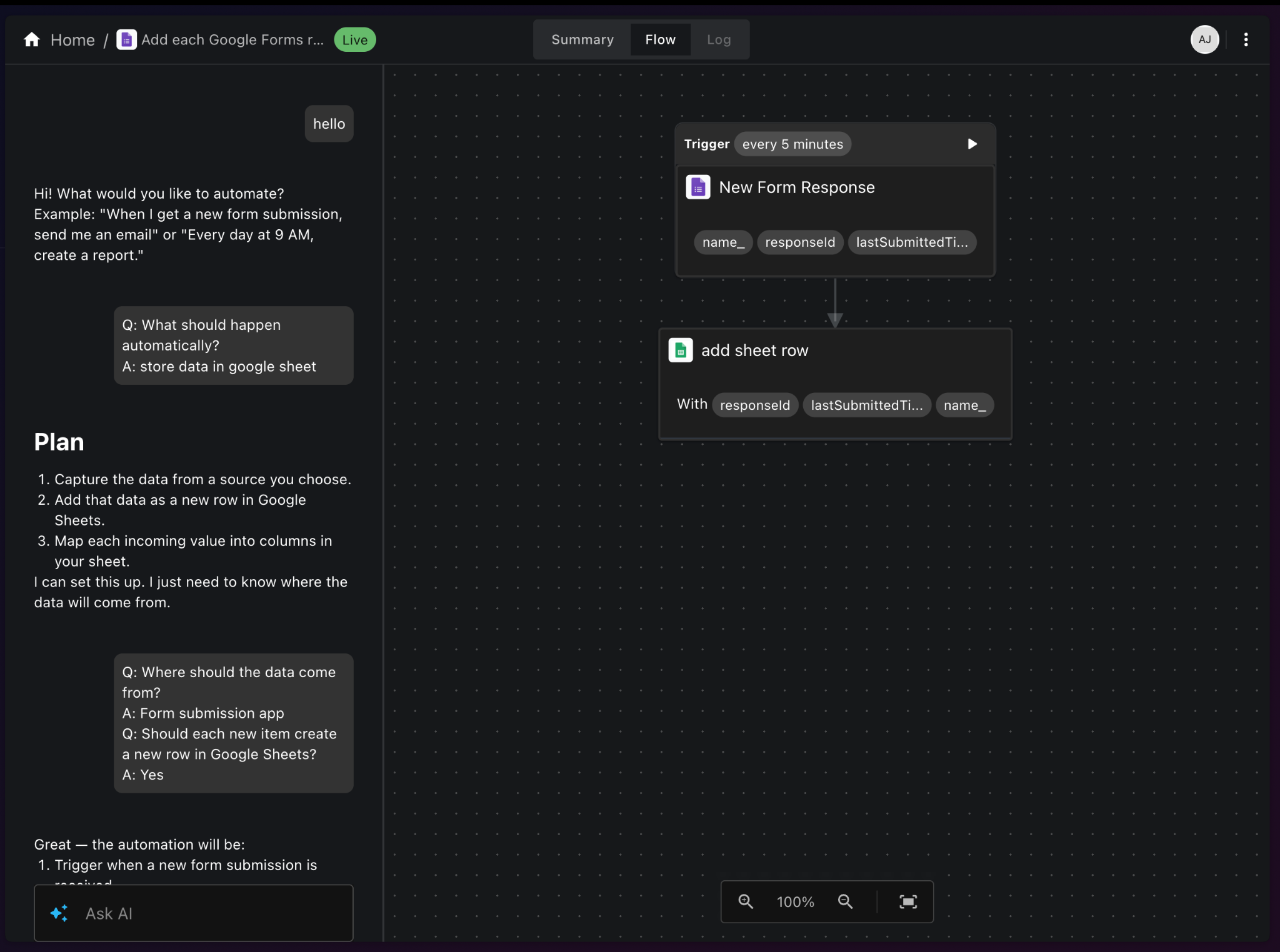 viaSocket AI builder interface
